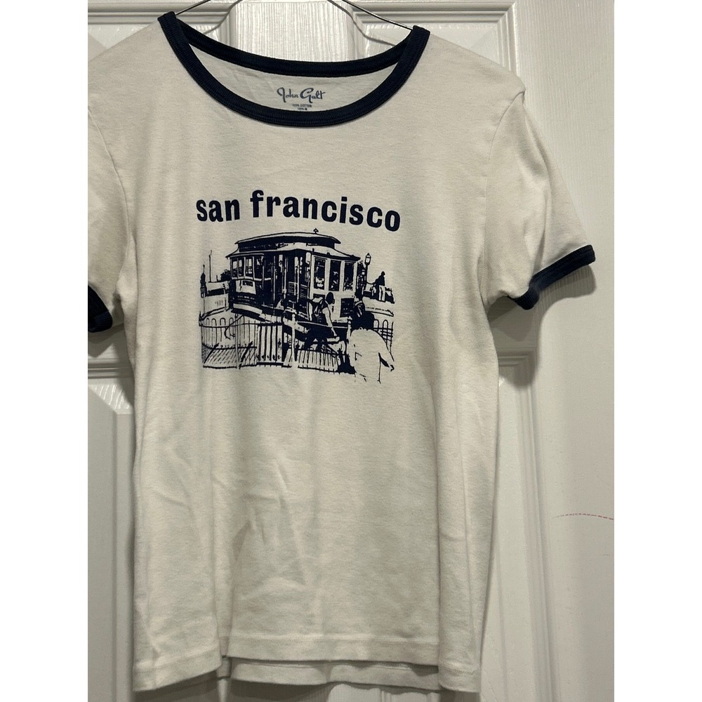 John Galt Brandy Melville San Francisco Cable Car Ringer Tee White Navy Blue